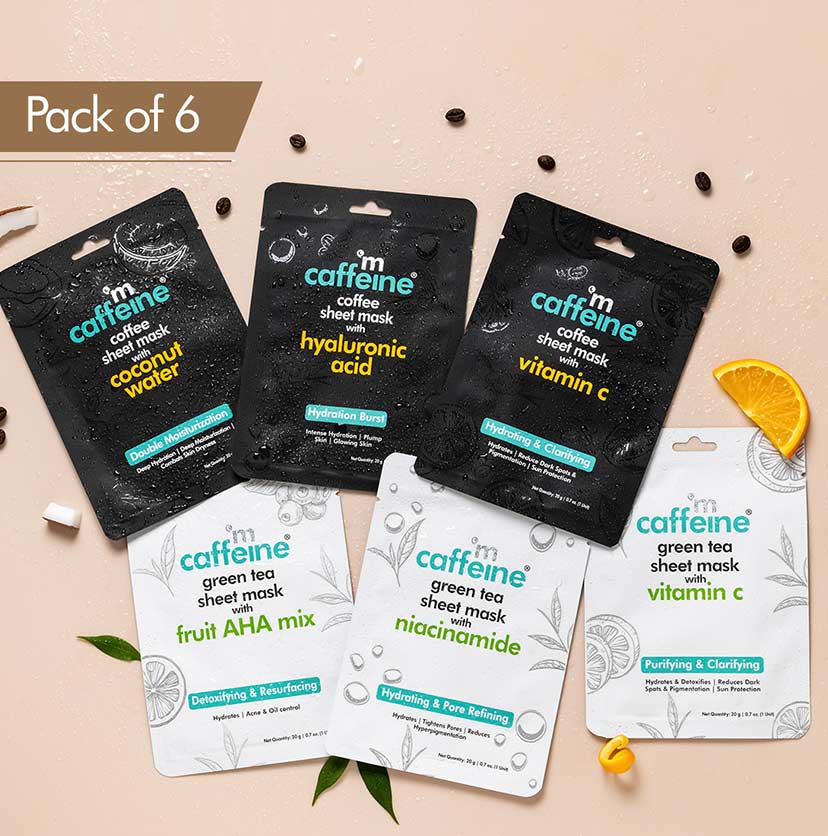 Hydrating & Clarifying Green Tea & Coffee Sheet Masks - Value Pack of 6